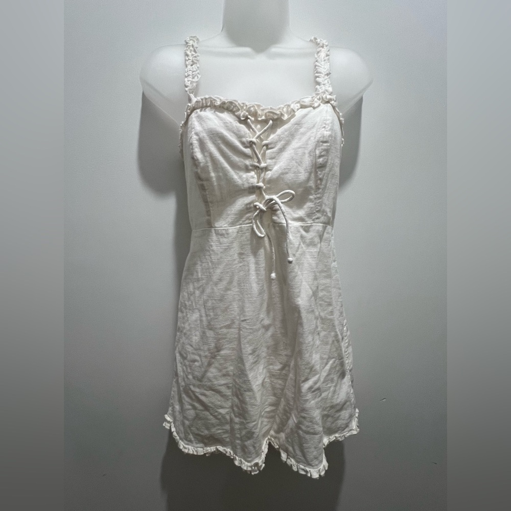 Urban Outfitters Cream Smocked Back Ruffle Hem Mini Dress S - Picture 2 of 5